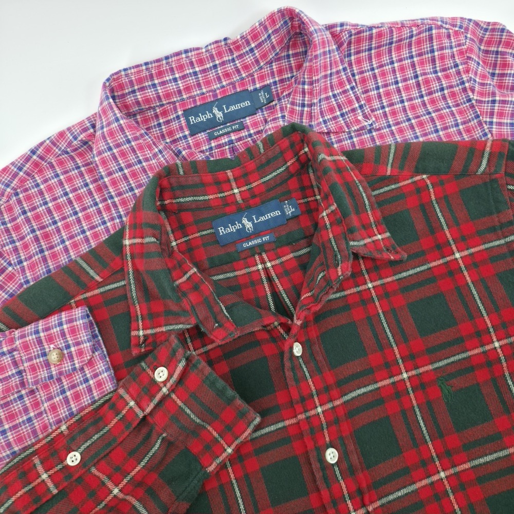 Polo Ralph Lauren Classic Fit Shirt Men L Button Down Cotton Plaid Lot Of 2